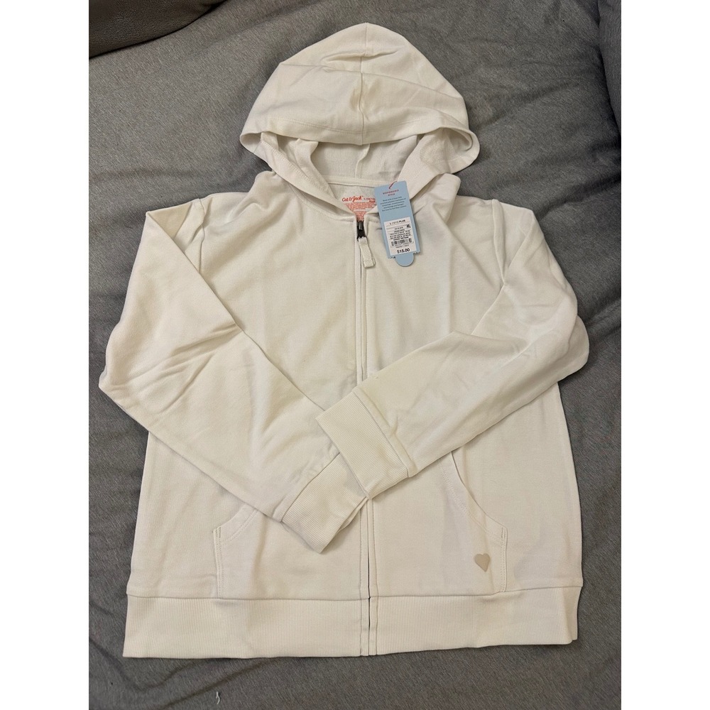 Cat & Jack Cream Zip Up Hoodie Girls‎ L 10 12 Plus Heart Detail